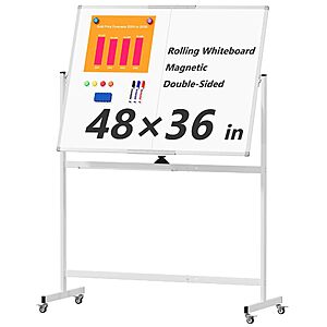 Large Rolling Whiteboard on Wheels, 48" x 36" Double-Sided Mobile White Board with Stand, 4' x 3' Portable Standing Magnetic Dry Erase Board Easel $99.99