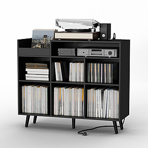 Meher 45'' W Record Player Stand with Charging Station and Media Shelves $117