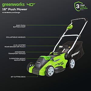 Greenworks 40V 16in Push Lawn Mower, 4.0 Ah Battery and Charger $229.99