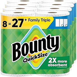 [SnS, AC] $39.98* | 2 × 8-Pk Bounty Quick-Size Family Triple Rolls Paper Towels ($19.99 each) at Amazon