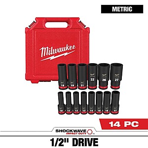 Milwaukee SHOCKWAVE 1/2 in. Drive Metric Deep Well 6 Point Impact Socket Set (14-Piece) $63