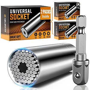 2-Count HELEMAN Universal Grip Sockets w/ Power Drill Adapters (7mm–19mm / 1/4"–3/4") $8.49 + Free Shipping w/ Prime or on $35+