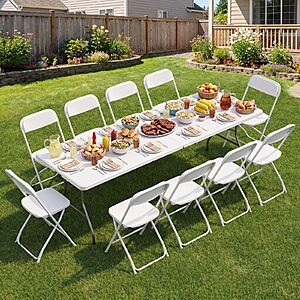 Sweetcrispy 8 FT Folding Picnic Table, with 10 White Folding Chairs $189.96