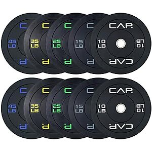 $219.99* | 260-Lbs. CAP 2" Olympic Economy Bumper Plate Weight Set (Multiple Colors) at Amazon