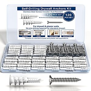 Ironkoi 8x1-1/4" Self-Drilling Drywall Anchors and Screws Kit (120-Pieces) 75lbs $5 AC @amazon
