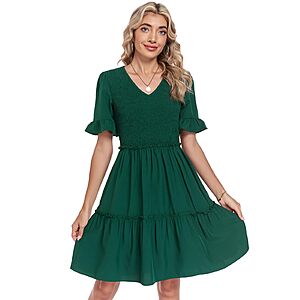 Lyrur Women’s Casual Smocked V Neck Ruffle Sleeve Tiered Knee Length Babydoll Dress w/ Pockets (Various) $9.99 + Free Shipping w/ Prime or on $35+