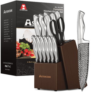 Astercook 14 Piece Kitchen Knife Set with Block and Built-in Sharpener, Full Tang Knives Sets German Stainless Steel, Dishwasher Safe Silver $44.99