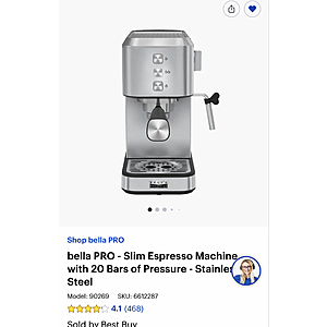 Shop bella PRO bella PRO - Slim Espresso Machine with 20 Bars of Pressure - Stainless Steel $49.99