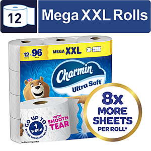 $23.83 FS Walmart+ or Pick Up Charmin Ultra Soft Toilet Paper, 12 Mega XXL Rolls = 96 Reg, 2-Ply Bath Tissue