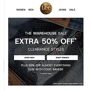 Lee Warehouse Sale Extra 50% Off Clearance