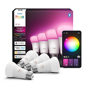 Philips Hue Smart LED A19 Bulb 4-Pack, White Color Ambiance, E26 Base, 7.2W, Full Spectrum Light 1000K-20000K, 810 Lumens, Dimmable, Works with Alexa, Google,& Apple Home $154.52