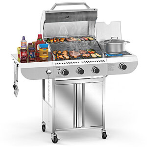 R.W.FLAME  4 - Burner Stainless Steel Gas Grill with 1 Side Burner & Dual Brake Universal Wheels, 34,000 BTU Liquid Propane Gas Grill, Ideal for Outdo $279.99