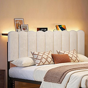 Pinmoco Queen Upholstered Headboard w/ Storage, LED Lights & Charging Station (Beige or Black) $84 + Free Shipping