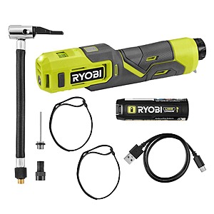 RYOBI USB Lithium Cordless Bike and Ball Pump Inflator Kit with 2.0 Ah USB Lithium Battery and Charging Cable $19.97