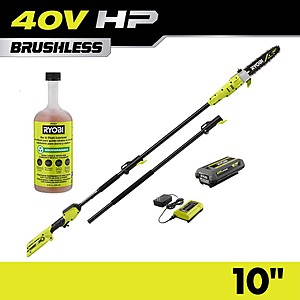 RYOBI 40V HP Brushless 10 in. Pole Saw with 24 oz. Biodegradable Chain Oil, 2.0 Ah Battery, & Charger $189