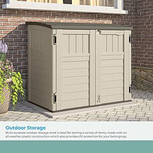Suncast 34 Cu Ft Capacity Horizontal Outdoor Storage Shed for Garbage Cans, Garden Accessories, Backyard, and Patio Use, Vanilla $263.2