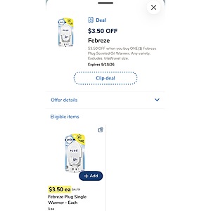 Albertsons/Vons family stores: Febreze plug Scented Oil Warmer Free AC (may be regional)