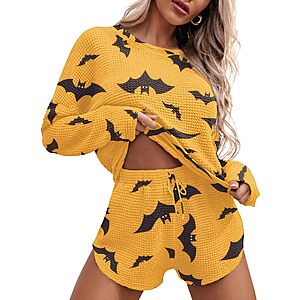 Ekouaer Womens Waffle Knit Pajama Sets Long Sleeve Top and Shorts Matching Lounge Set Loungewear Sweatsuit with Pockets $13.59