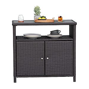 Grand patio Wicker Storage Cabinet Outdoor Waterproof Buffet Cabinet Patio Bar Table with Two Doors and Shelves Wicker Sideboard for Garden Kitchen Pool Dark Brown $129.99