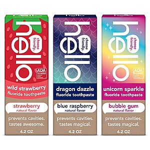 3-Pack 4.2-Oz hello Kids' Fluoride Toothpaste (Variety Pack) $10.44 w/ S&S + Free Shipping w/ Prime or on $35+