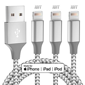 3-Count 10' Bkayp MFi-Certified Braided USB-A to Lightning Cables (Grey/White) $3.99 ($1.33 each) + Free Shipping w/ Prime or on $35+