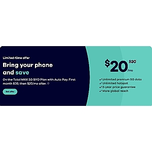 Total Wireless Total Max 5G BYO Plan $20/Month