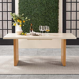 Better Homes & Gardens Vista Outdoor Dining Table, Stone-Finish Metal Top with Teak Hand-Painted Legs, Cream or Gray, $197, free shipping, Walmart