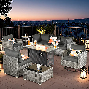Toject 9-Piece Wicker Outdoor Patio Conversation Sofa Sectional Set with 42in Metal Fire Pit and Cushions (Various Colors) $1078.99