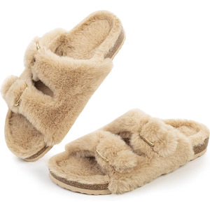 Womens Open Toe Slippers,Faux Rabbit Fur Cork Slides Sandals $17.06