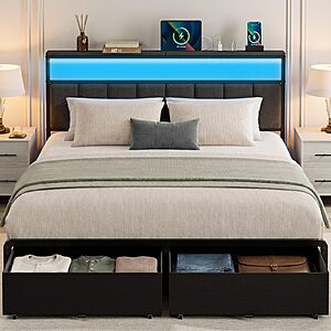 Queen Bed Frame with 2 Storage Drawers, Grey Upholstered $119