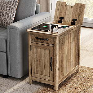$123.49: LINSY HOME End Table with Charging Station Drawer & Detachable Holder Brown at Walmart.com