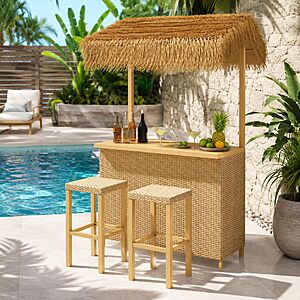 Grand patio Outdoor Tiki Bar Set with Widen Ceramic Top (42" W), Phuket 3-Piece Wicker Islander Tiki Bar and 2 Stools Storage for Garden, Natural $143.99