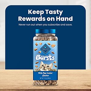 $4.19 S&S/CLIP Q AMZ Blue Buffalo Bursts Chicken Crunchy & Creamy Cat Treats, 12 oz