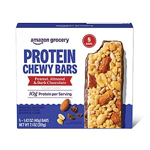 Amazon Grocery, Protein Chewy Bars, Peanut, Almond & Dark Chocolate Flavor, 7.1 oz, 5 ct $1.99 or less
