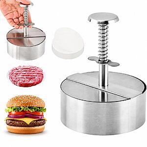 304 Stainless Steel Burger Press, 4.1" Adjustable Hamburger Press with 50 PCS Non Stick Patty Papers and 1 Pack Oil Brush, Heavy Duty Hamburger Meat Press Maker $8.79