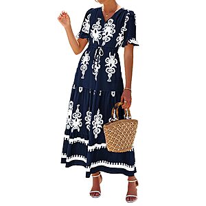 Lazysmile Women's Short Sleeve Floral Boho Maxi Dresses (Navy or White) $11.99 + Free Shipping w/ Prime or on $35+
