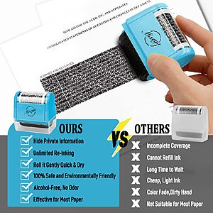 $12.79-$14.99 AMAZON Miseyo Wide Identity Theft Protection Roller Stamp Set - Blue (3 or 6 Refill Ink Included)