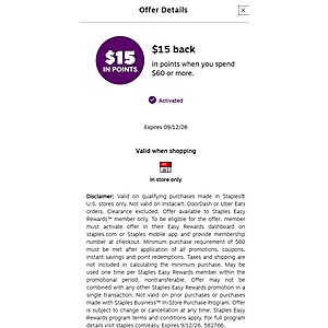 At Staples Instore - $15 back in points when you spend $60 or more. (YMMV) 8/30-9/12/26