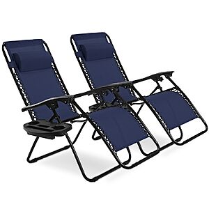 $119.40 LOWES Forclover 2-Piece Outdoor Folding Lounge Chair Set of 2 Black Steel Frame Stationary Chaise Lounge Chair with Navy Mesh Seat