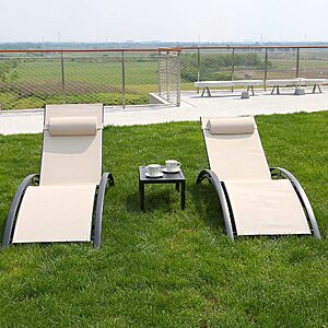 SUMETURE Patio Chaise Lounge Chair Set of 3 with Coffee Table,Outdoor Lounge Chair with Adjustable Backrest with Pillow,Garden,Lawn(Beige) $74.38