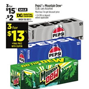 12 pack Pepsi/Mountain Dew products, 3 for $13 with coupon, Dollar General