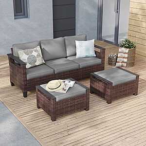 $250: JOYESERY 3-Seater Patio Brown Wicker Sofa set Patio Conversation Set with Ottomans, Gray Cushion at HomeDepot