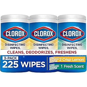 3-Pack 75-Count Clorox Disinfecting Wipes (Fresh Scent & Crisp Lemon) $9.72 w/ S&S + Free Shipping w/ Prime or on orders over $35