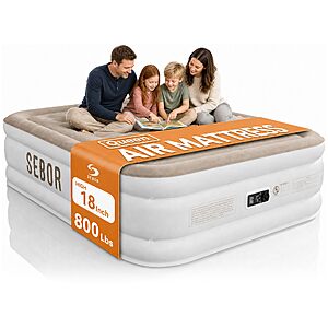 Sebor Queen Air Mattress with Built-in Pump, 18" Raised Blow Up Bed, 800 lb 10 year warranty $62.99