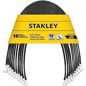 $11.77* | 10-Pk 15" STANLEY Natural Rubber Tarp Straps w/ Zinc Plated S-Hooks at Amazon