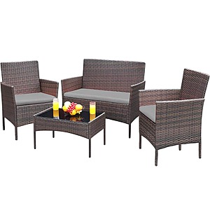 Brown 4-Pieces Wicker Outdoor Patio Furniture Sets Rattan Chair Wicker Set with Gray Cushion $163