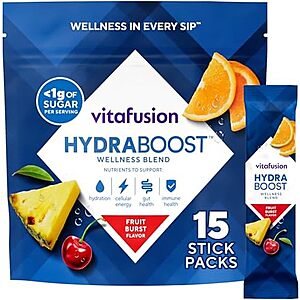 [SnS] $6.92 | 15-Count Vitafusion Hydraboost Electrolyte Drink Powder Packets (Fruit Burst) at Amazon