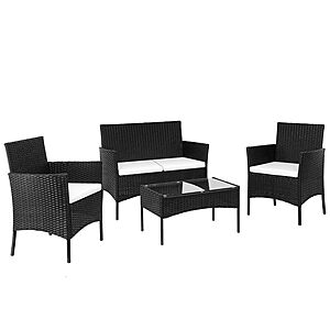 Karl Home 4-Piece Wicker Patio Conversation Set, Black with White Cushions - $109.99 + free shipping