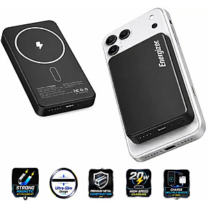 Energizer - 10,000mAh SLIM METAL 20W Magnetic Wireless Qi/Qi2.0/MagSafe PowerBank, Portable Charger, 2 Outputs, LED Display, & USB-C - Black $17.99