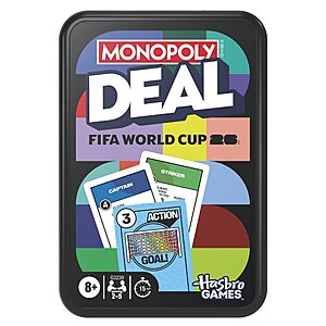 $2: Monopoly Deal FIFA World Cup 2026 Edition Game Ages 8+ – 2 to 5 Players – 15 Mins. at Amazon